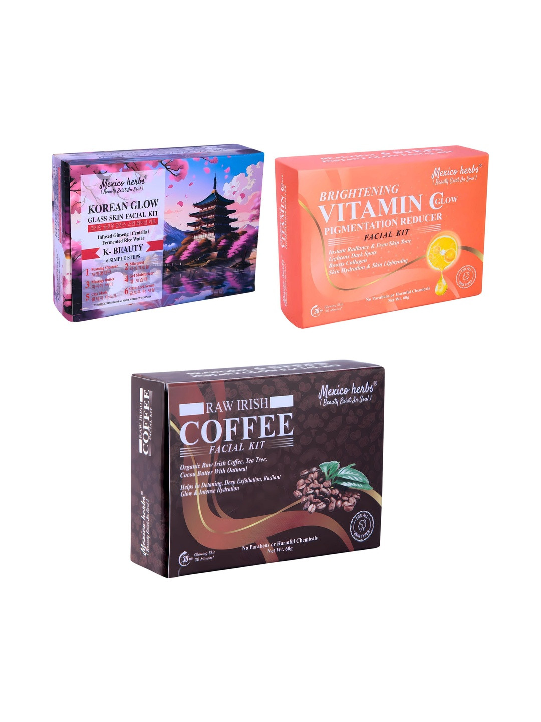 Mexico herbs Set Of 3 Korean Glow, Vitamin C & Raw Irish Coffee Facial Kit - 10 g Each
