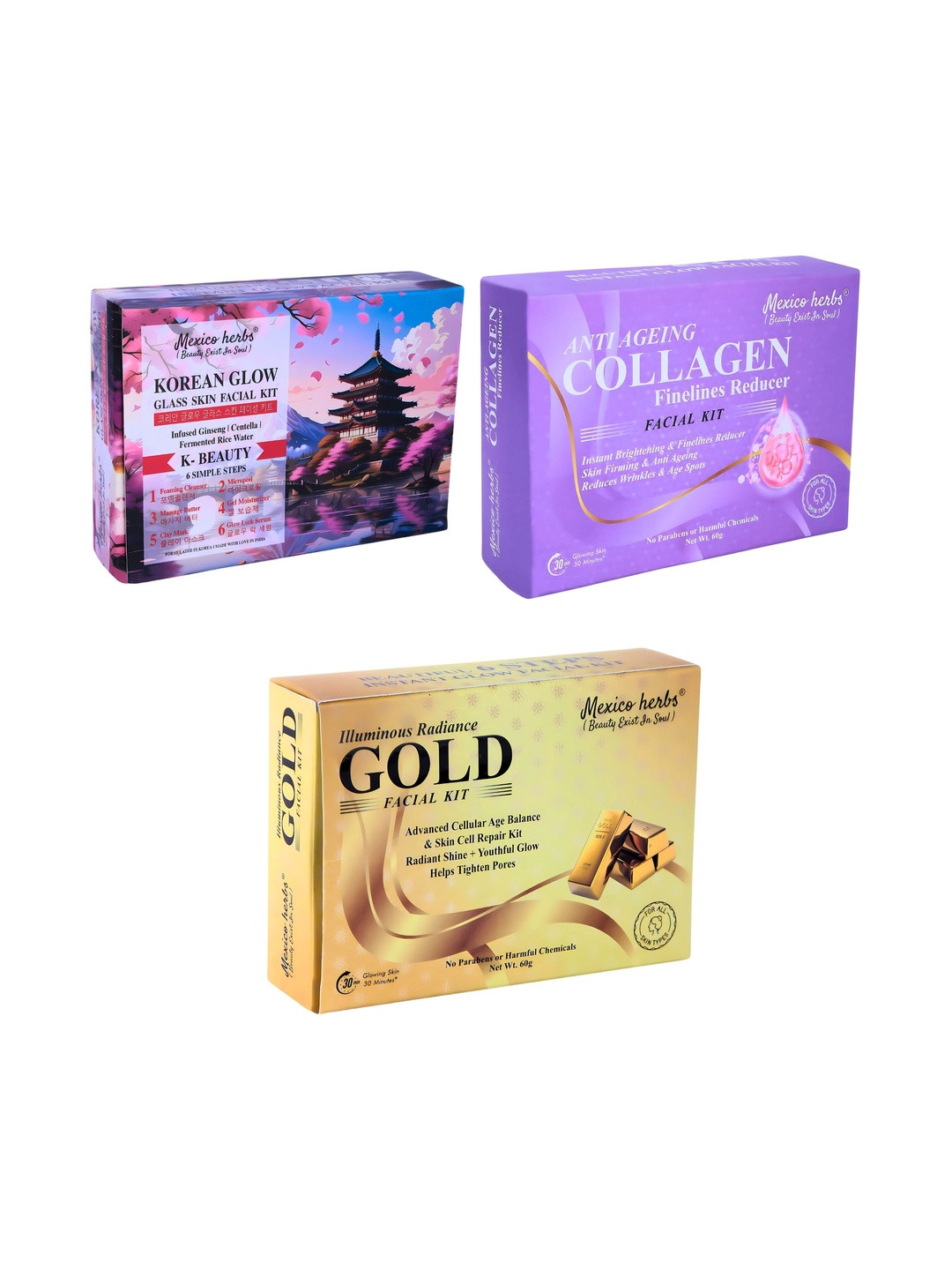 Mexico herbs Set Of 3 Korean Collagen & Gold Facial Kit For Skin Brightening - 60 g Each