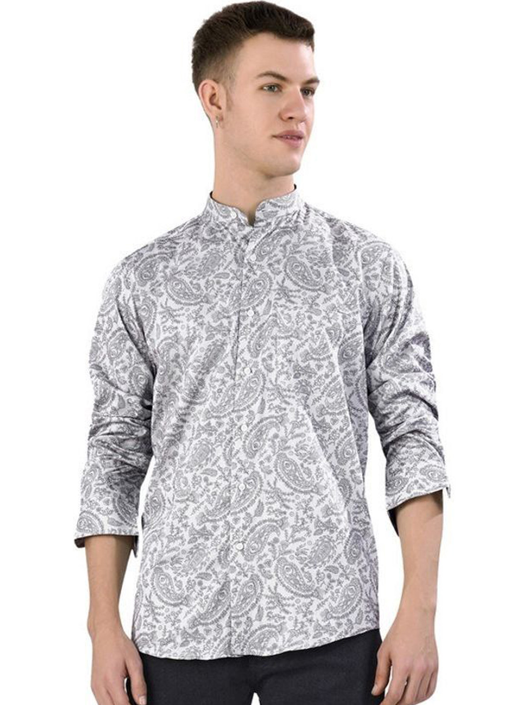 FRENCH CROWN Men Paisley Printed Standard Mandarin Collar Cotton Casual Shirt