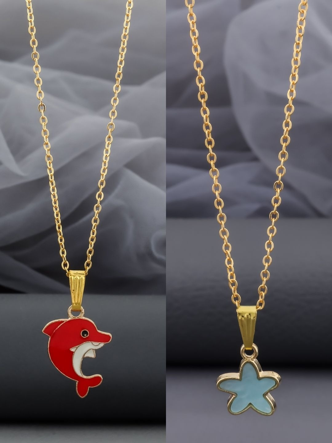 SZN Set Of 2 Gold-Plated Stainless Steel Fish & Floral Enamelled Pendants With Chains