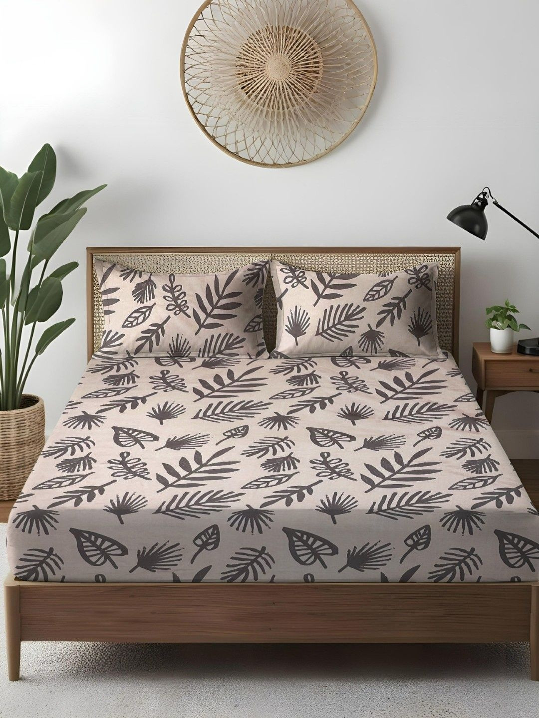 WEAVE AND DECOR Beige Floral 300 TC King Bedsheet with 2 Pillow Covers -198.12 x 182.88 cm