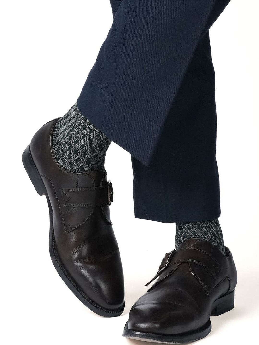 Theater Men Green Gingham Mercerized Cotton Calf Length Formal Socks