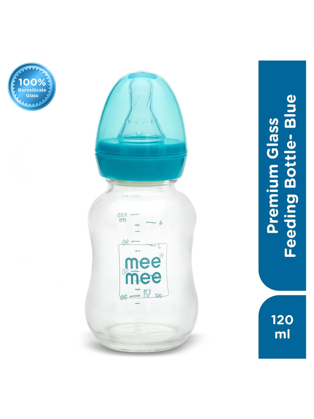 MeeMee Infants Blue & Transparent Printed Anti-Colic Glass Feeding Bottle - 120ml