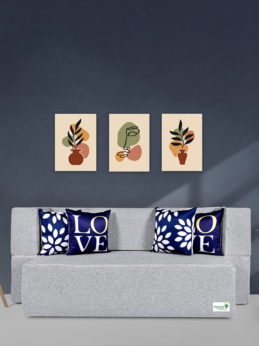 FRIENDS LIFE Grey & Navy Blue 4 Seater Fold Out Sofa Cum Bed With 4 Pillows