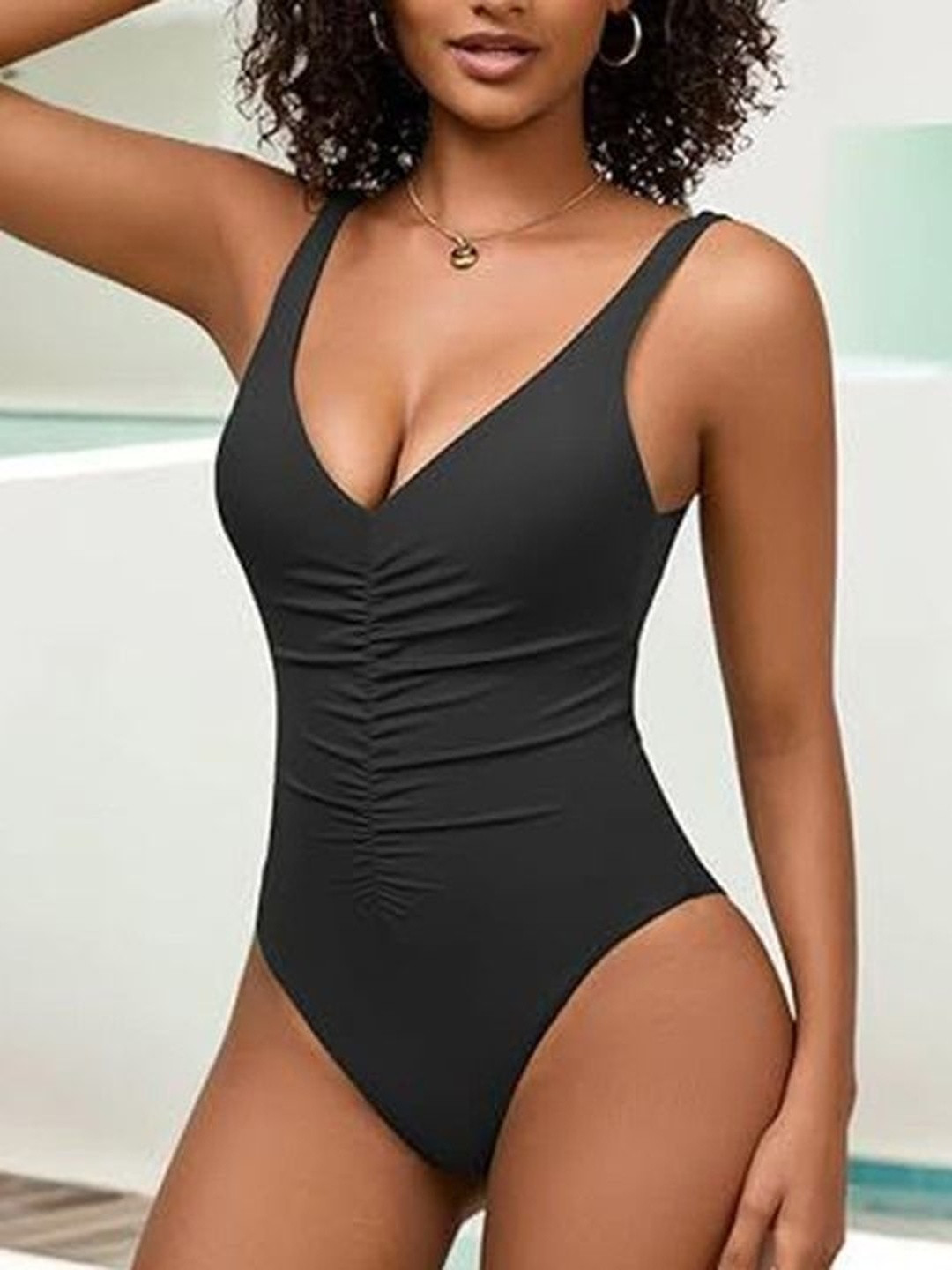 Women Fuzzy Women V-Neck Sleeveless Ruched Medium Coverage Bodysuit