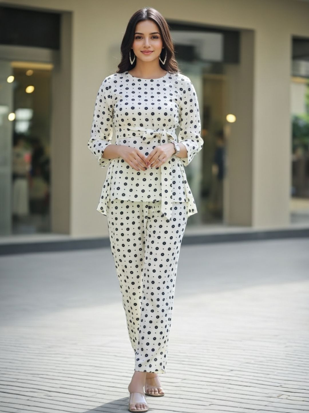 Cream Printed Round Neck Top with Trousers Co-Ords