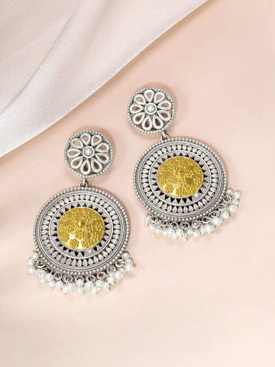 Peora Silver-Plated Lariya Studded & Pearls Beaded Circular Shaped Drop Earrings