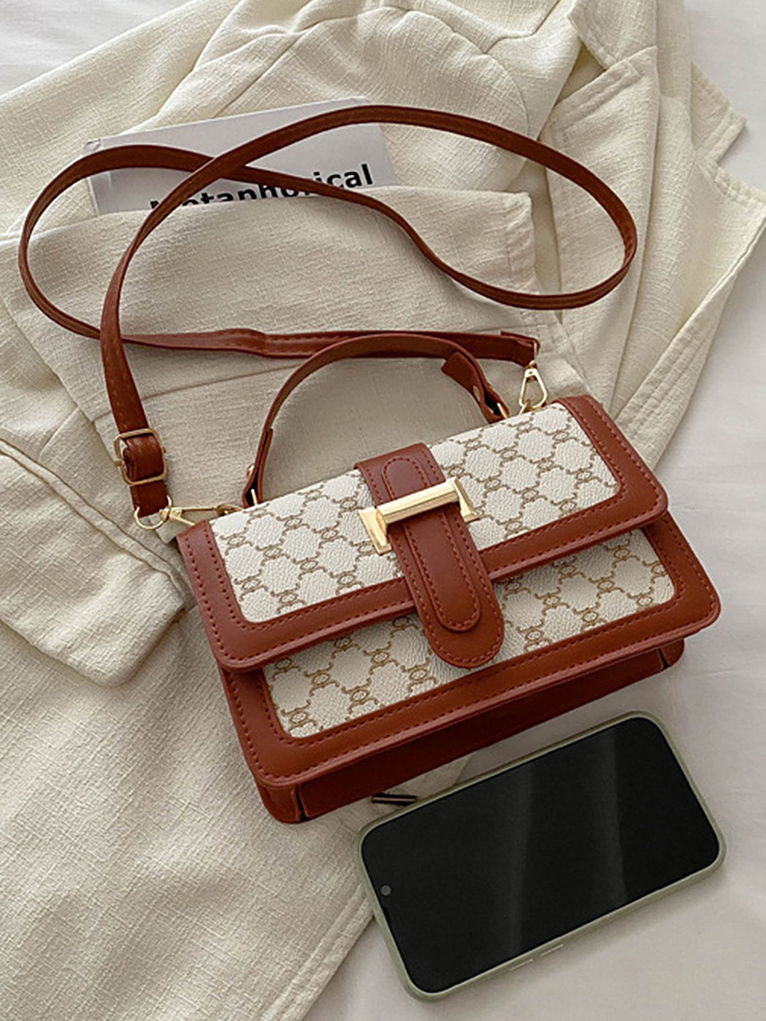 LULU & SKY Women Geometric Printed Structured Buckle Detail Satchel Bag