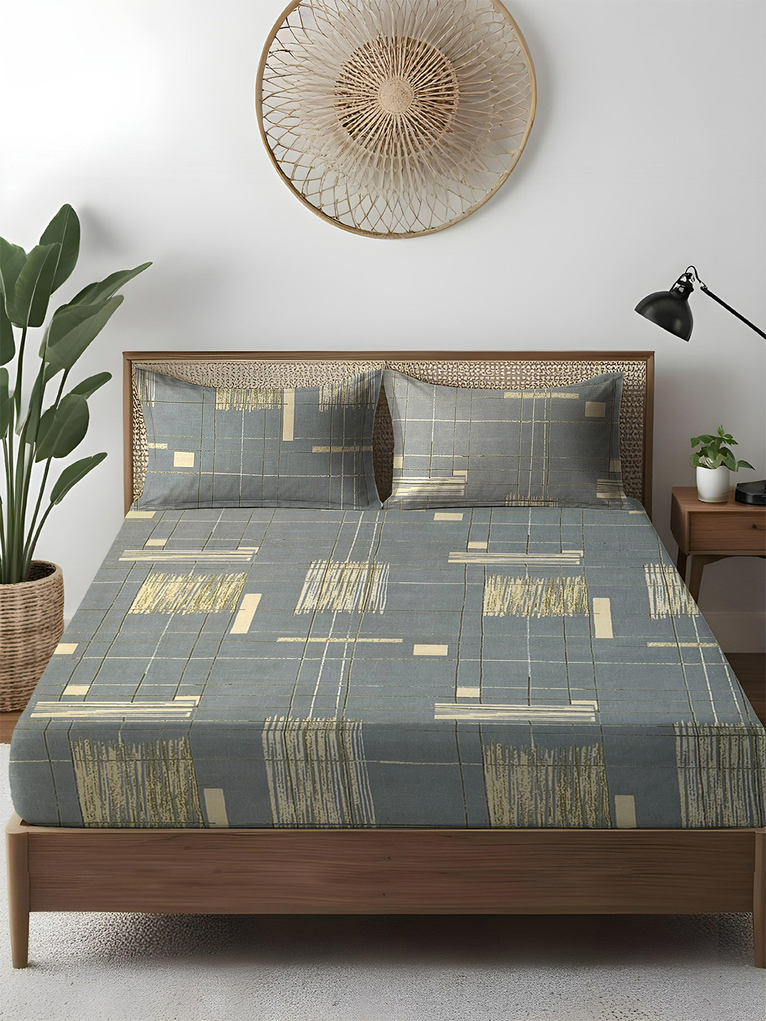 WEAVE AND DECOR Grey & Yellow Printed Pure Cotton 300 TC Queen Bedsheet Set 2.28 x 2.28 m