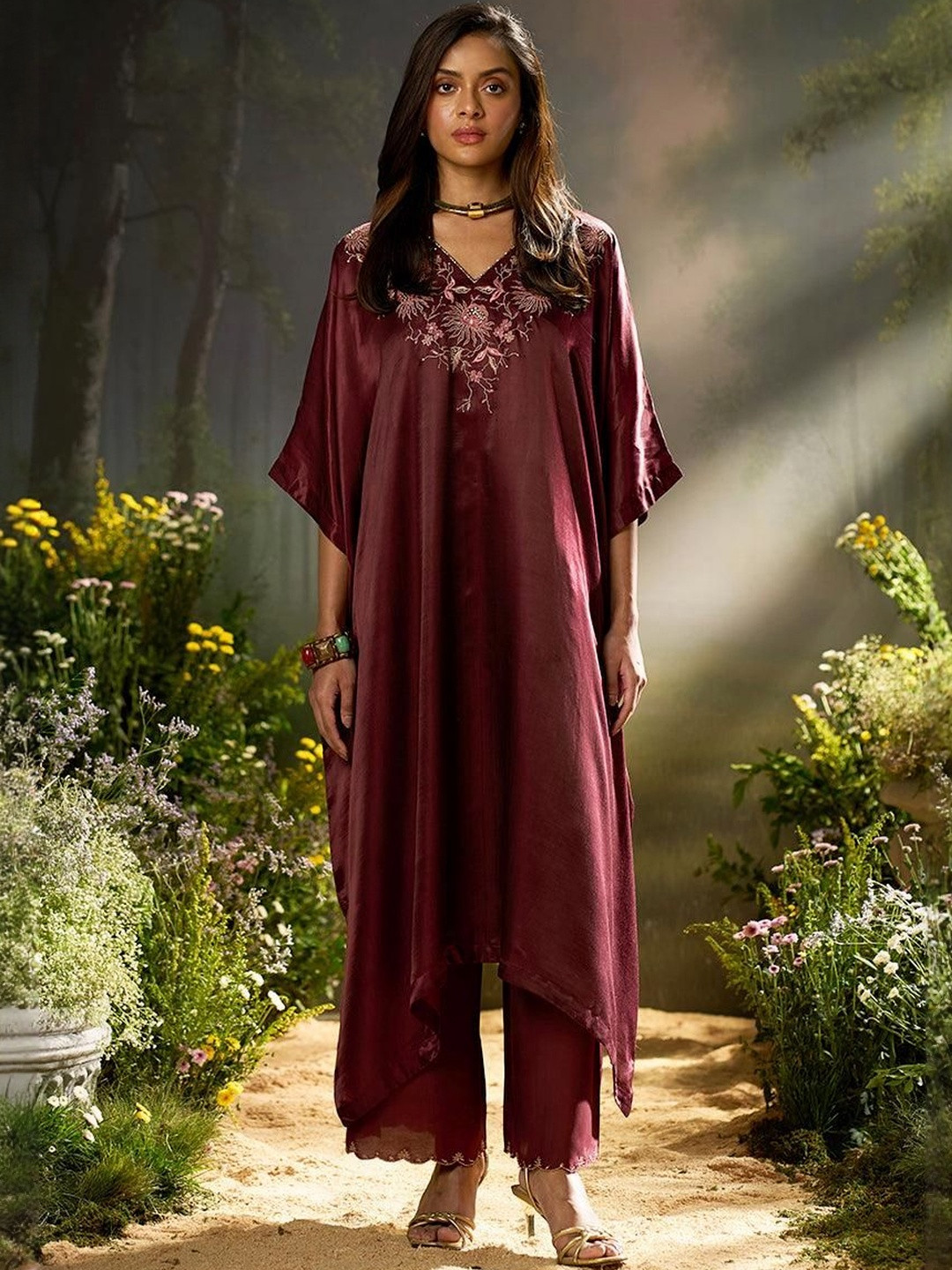Ganga Embroidered Silk Kaftan Top With Palazzo Co-Ords
