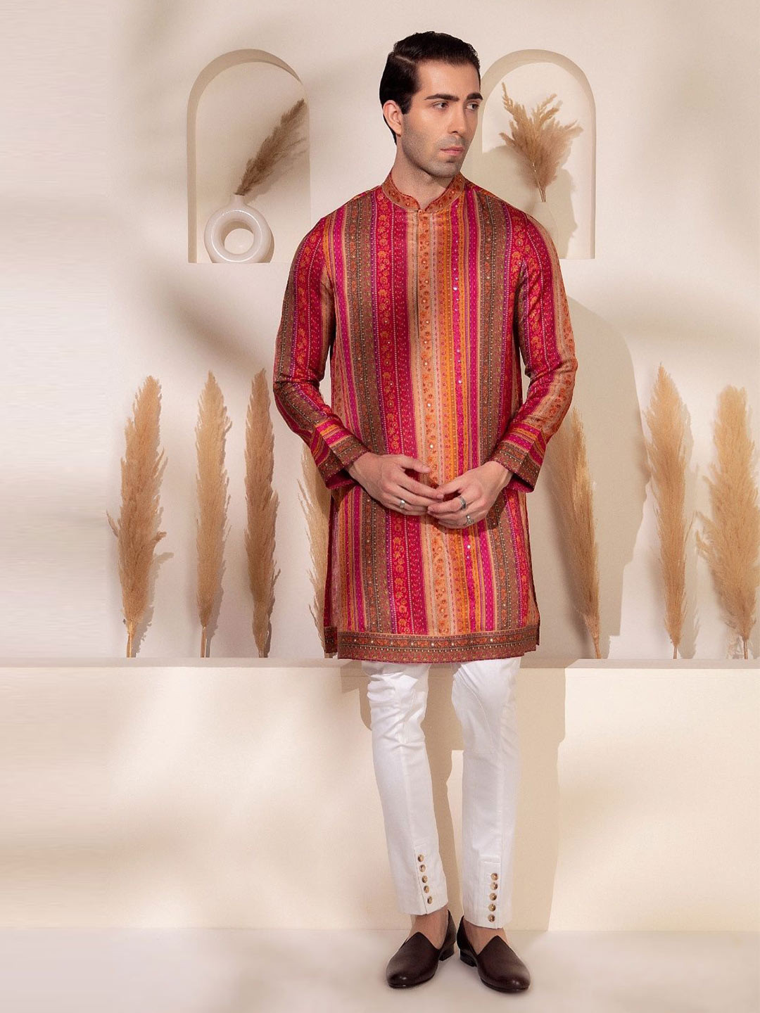 charchaand Ethnic Motifs Embroidered Mandarin Collar Mirror Work Straight Kurta