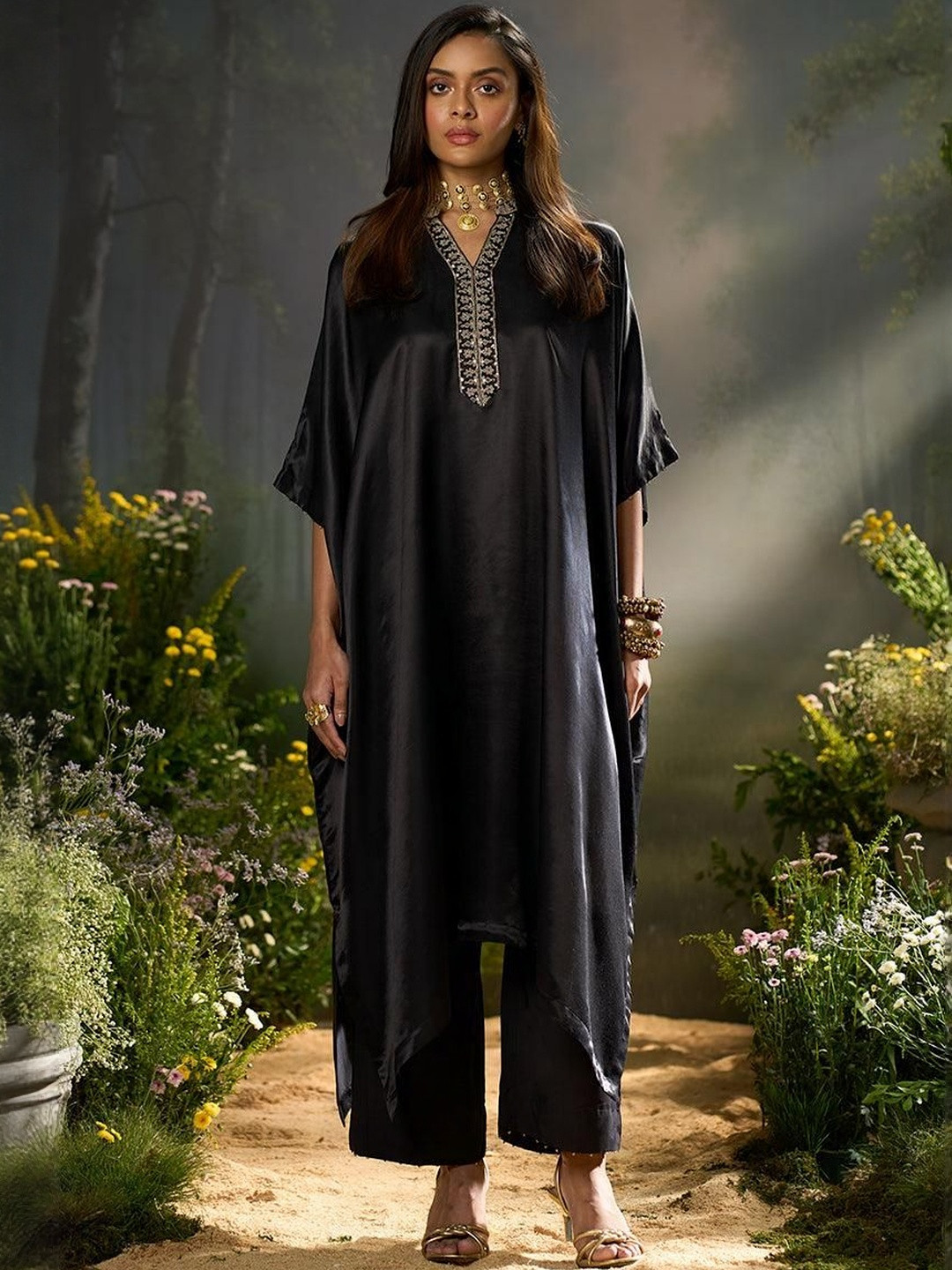 Ganga Embroidered Silk Kaftan Top With Palazzo Co-Ords