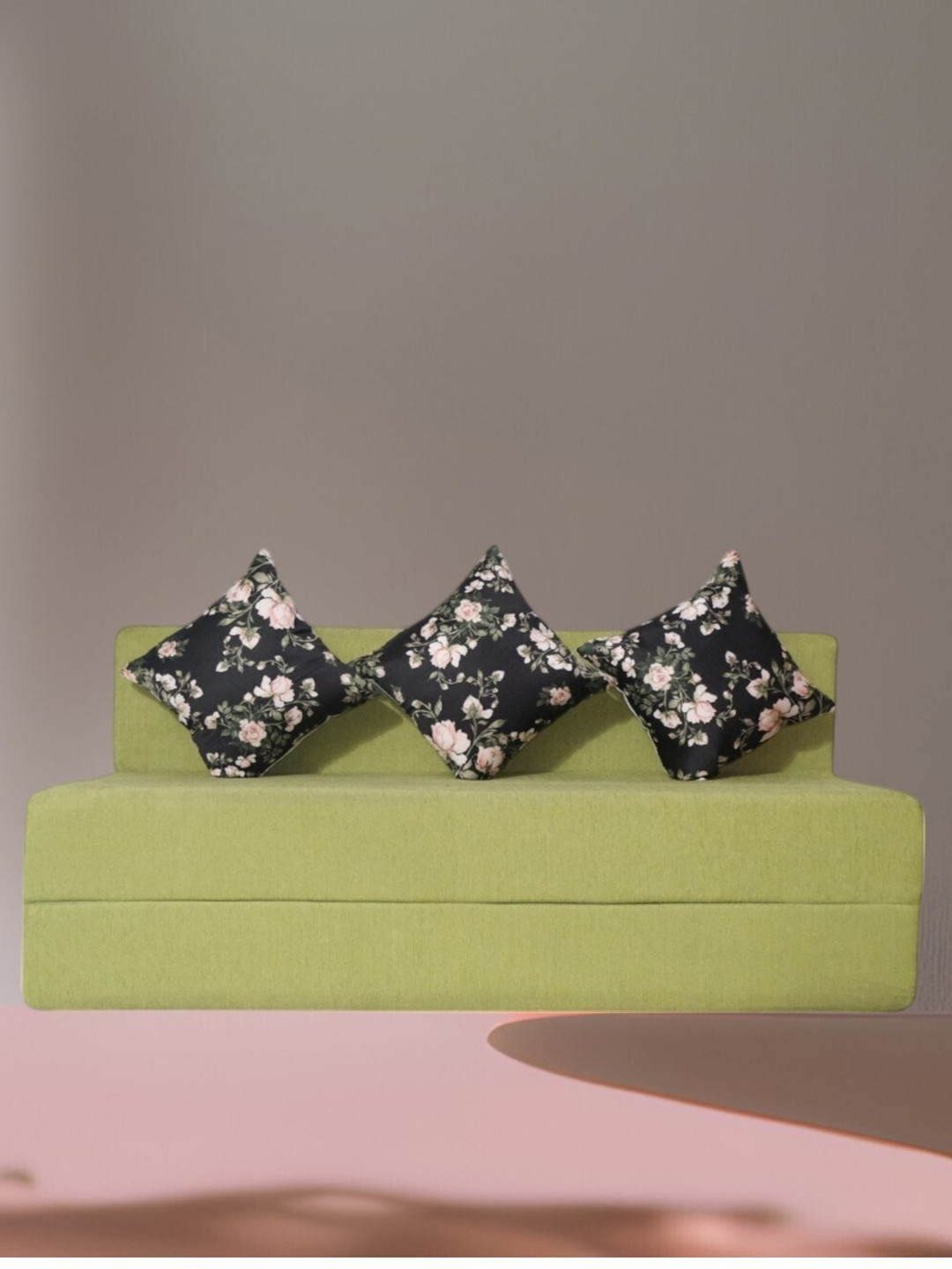 FRIENDS LIFE Green & Black Foam 3 Seater Fold Out Sofa Cum Bed With 3 Pillows