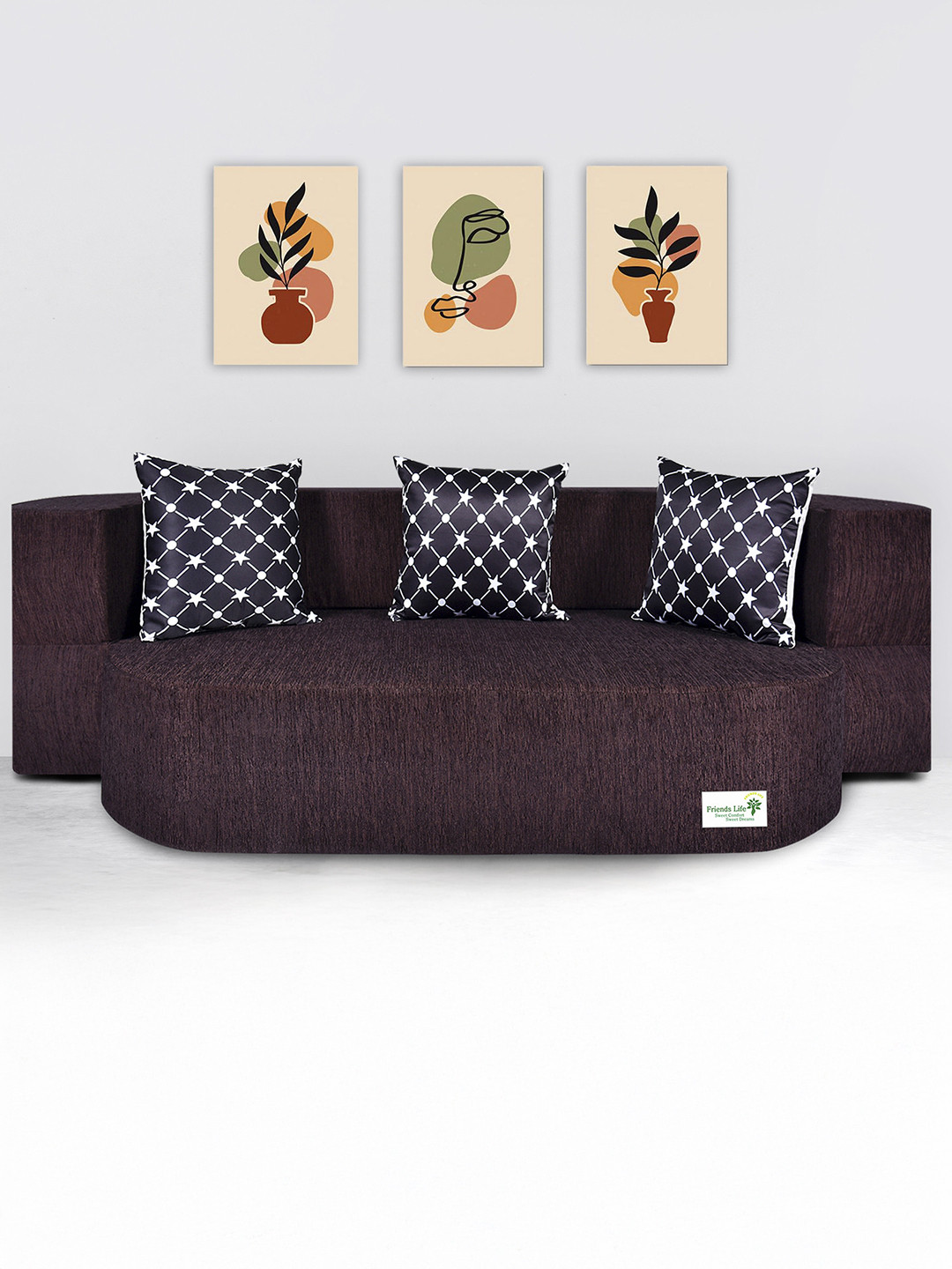 FRIENDS LIFE Brown & Black 3 Seater Comfort Sofa Cum Bed With Pillows