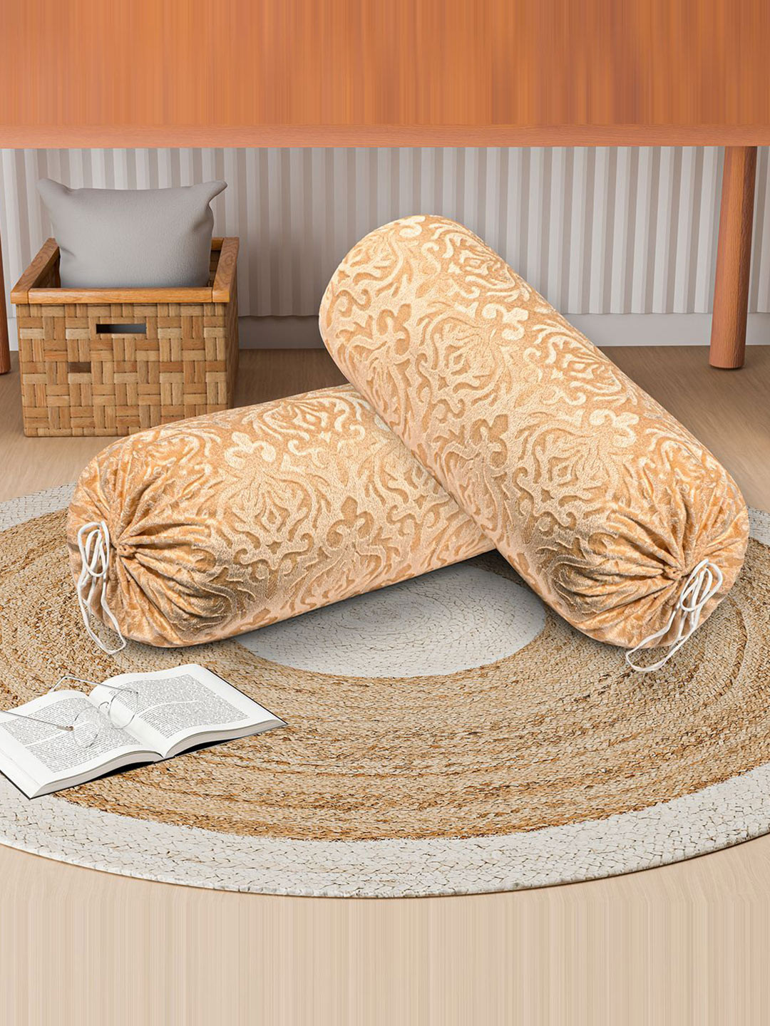Kuber Industries 2Pcs Beige Self-Designed Velvet Round Side Bolster Covers With Dori