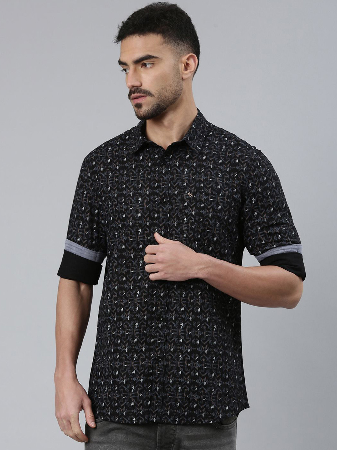 Classic Polo AW25 India Slim Geometric Printed Spread Collar Pure Cotton Casual Shirt