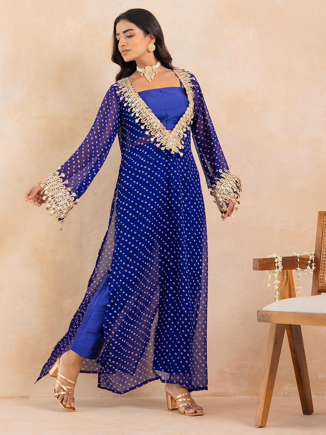 KAORI BY SHREYA AGARWAL Women Blue Bandhej Mirror Embroidered Kurta Set