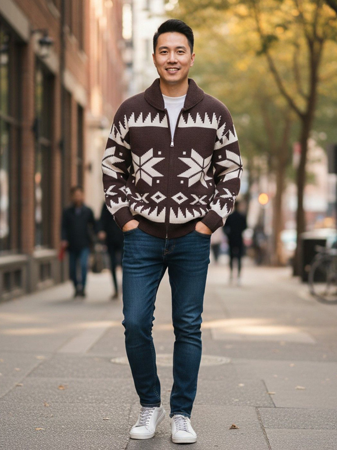 Mast & Harbour Men Printed Peter Pan Collar Front-Open Sweaters