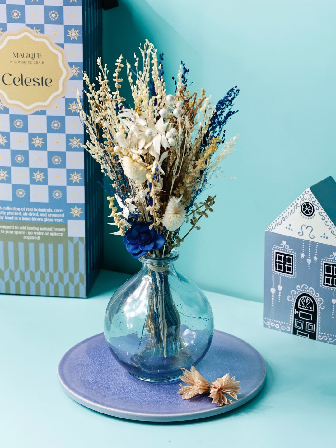 The Wishing Chair Blue Celeste Dried Flowers & Glass Vase Artificial Flowers