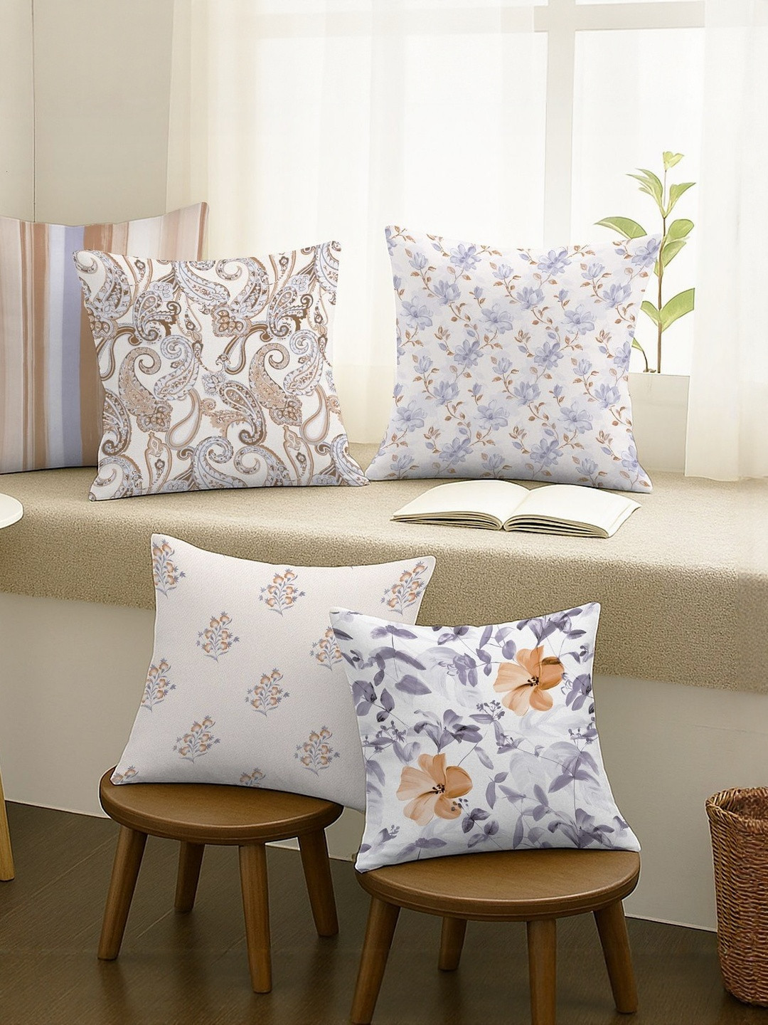 CASABLEU Premium Qufu Polyester Set of 5 Floral Square Cushion Covers