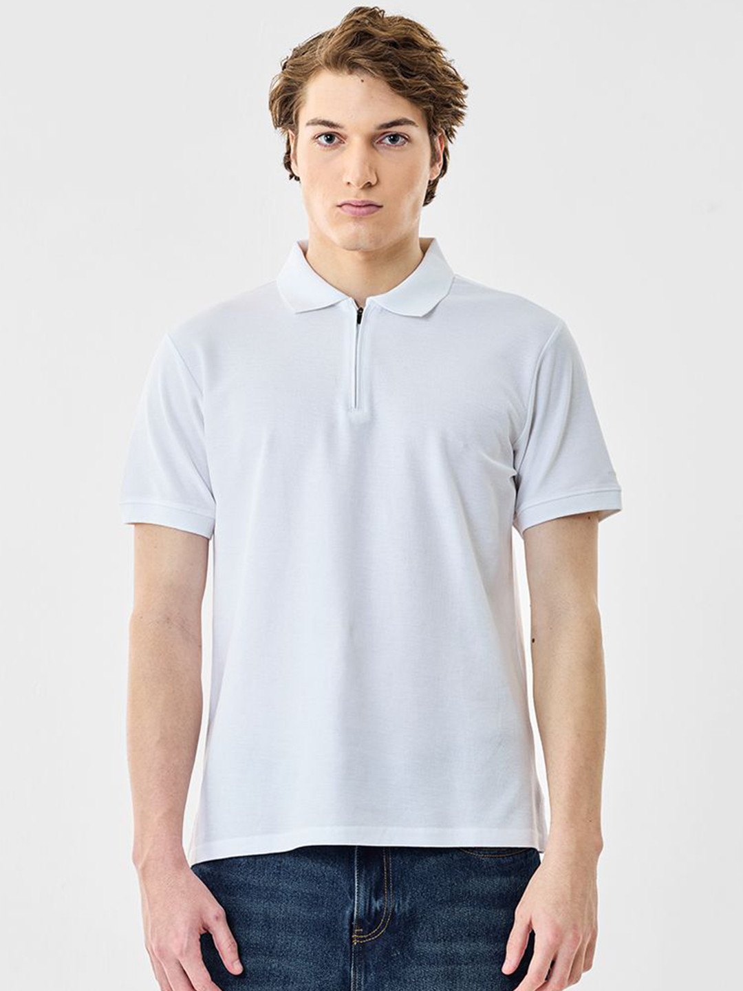 Snitch Men Polo Collar Drop-Shoulder Sleeves White Solid T-Shirt
