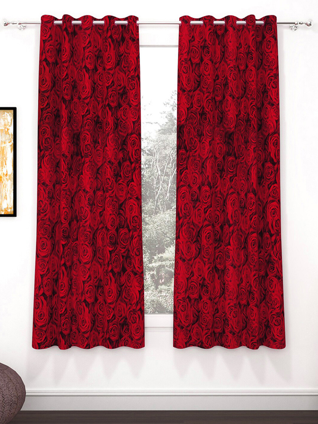 Story@home Nature Red 2 Pieces Floral Printed Window Curtains