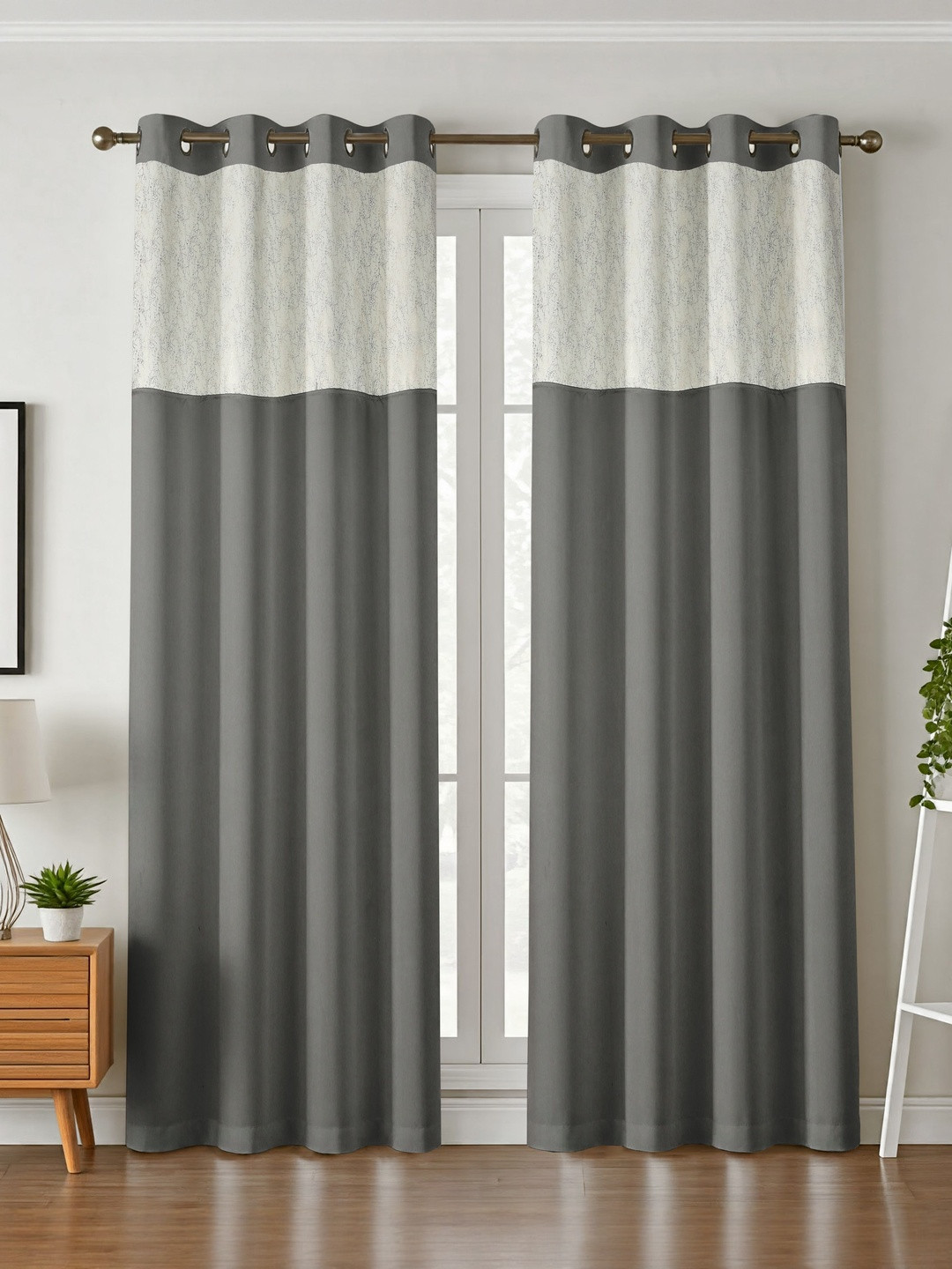 Aura Grey & White Velvet Thermal Insulated 2 Pieces Black Out Eyelet Long Door Curtains