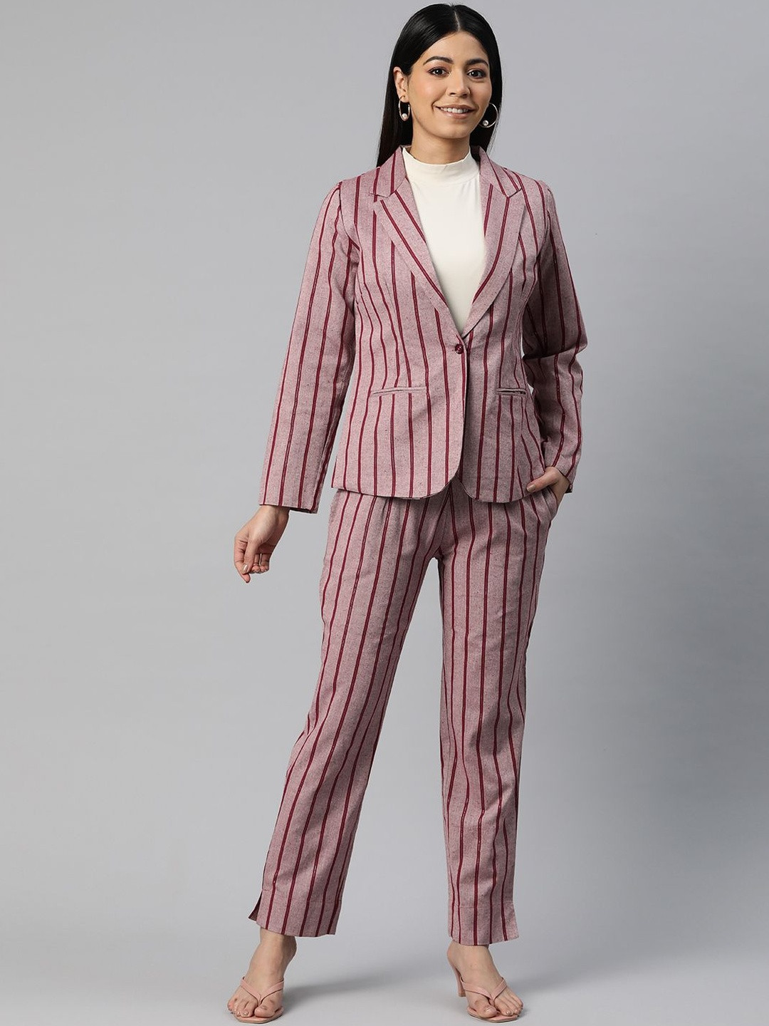 R.Code by The Roadster Life Co. Women Striped Notched Lapel Blazer With Trousers Co-Ords