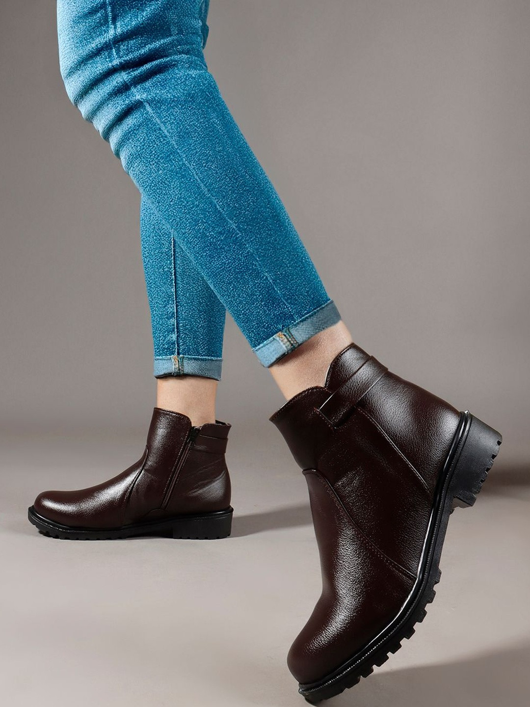 Kliev Paris Women Ankle-Length Boots With Side Zipper & Low Block-Heel