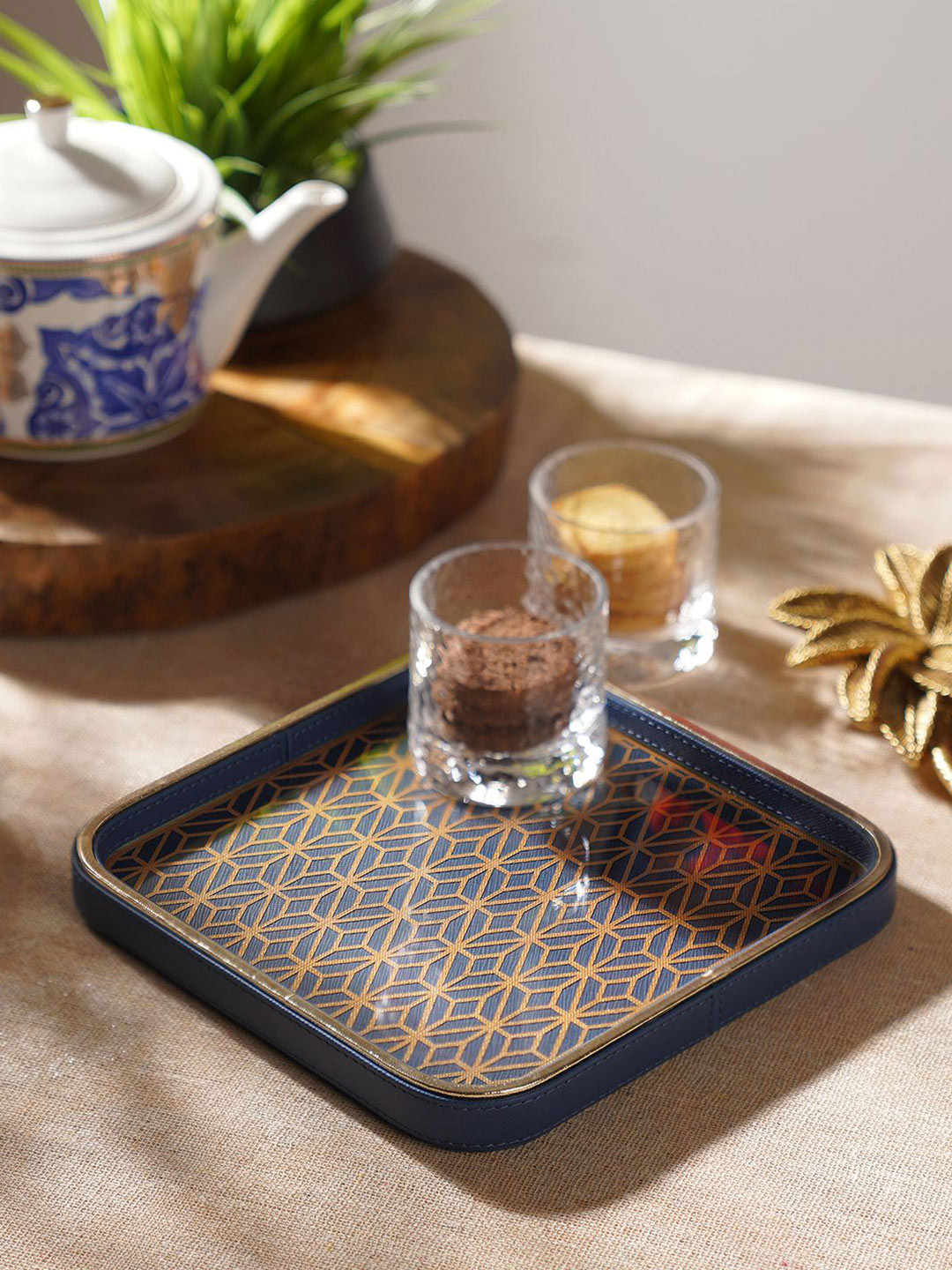 Pure Home and Living Blue Printed Square MDF Serving Tray