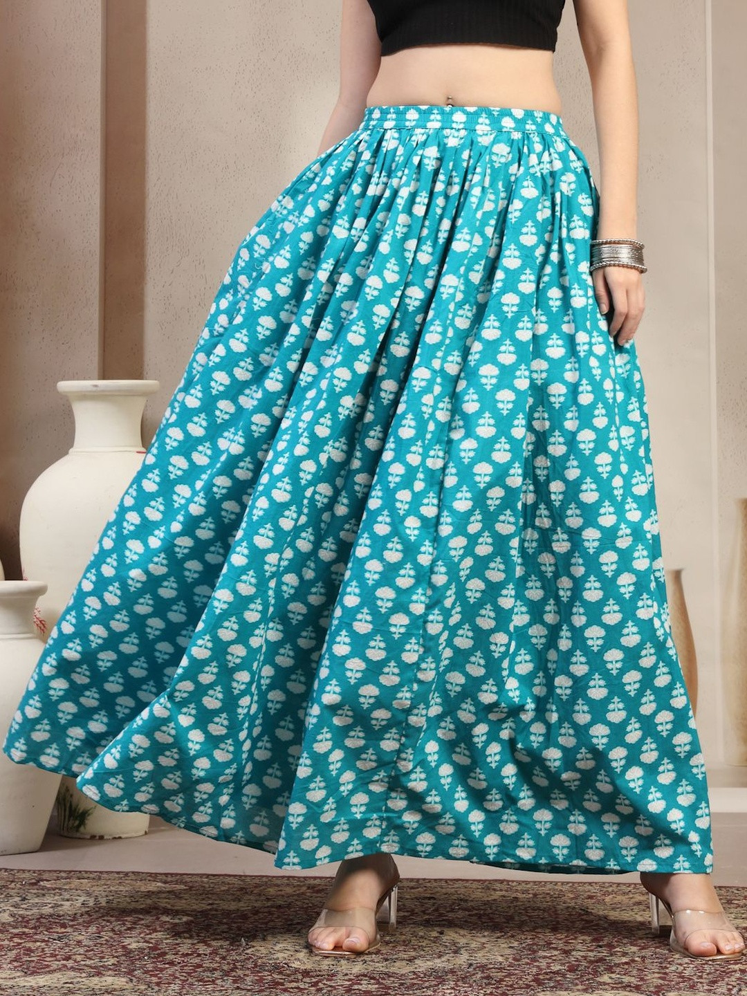 SUNEKH Women Floral Printed Pure Cotton Flared Maxi Skirt