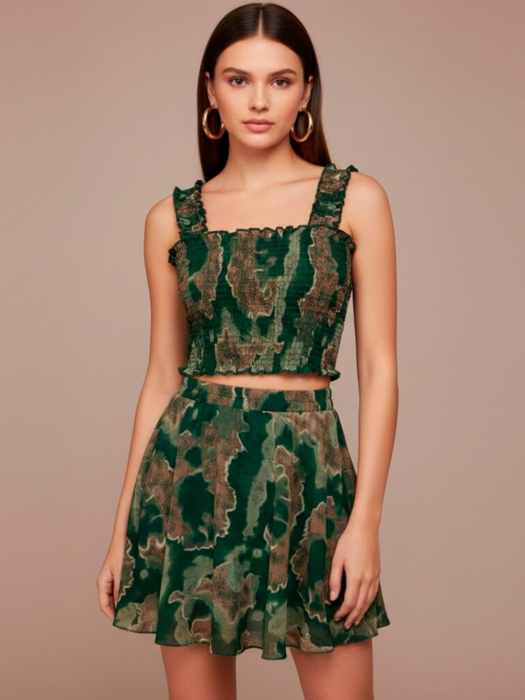 ADDYVERO Printed Smocked Top & Flared Skirt Co-Ord Set