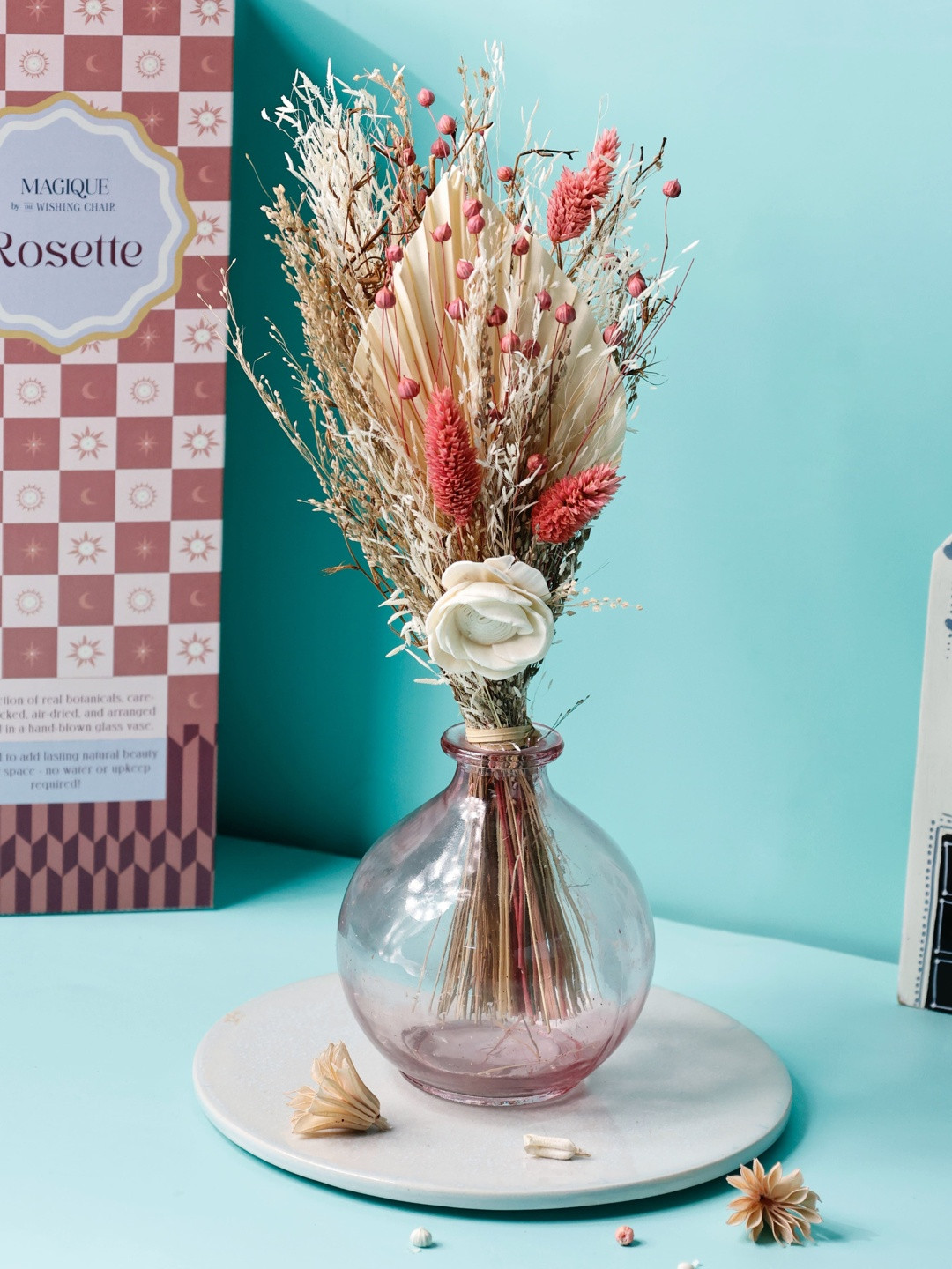 The Wishing Chair Pink Rosette Dried Flowers & Glass Vase Artificial Flowers