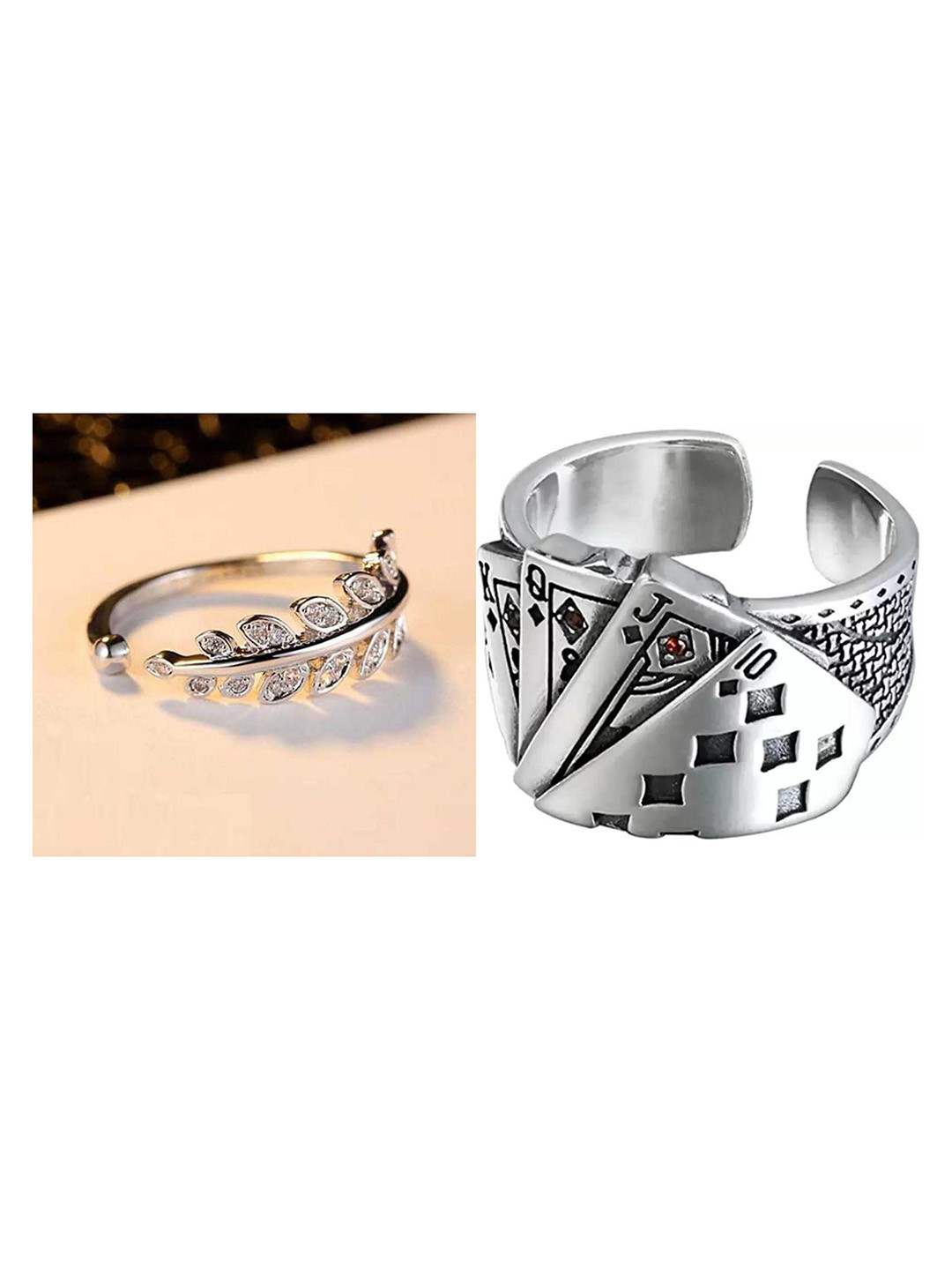 Teeragaj Unisex Set Of 2 Stone-Studded & Playing Cards Textured Adjustable Finger Rings
