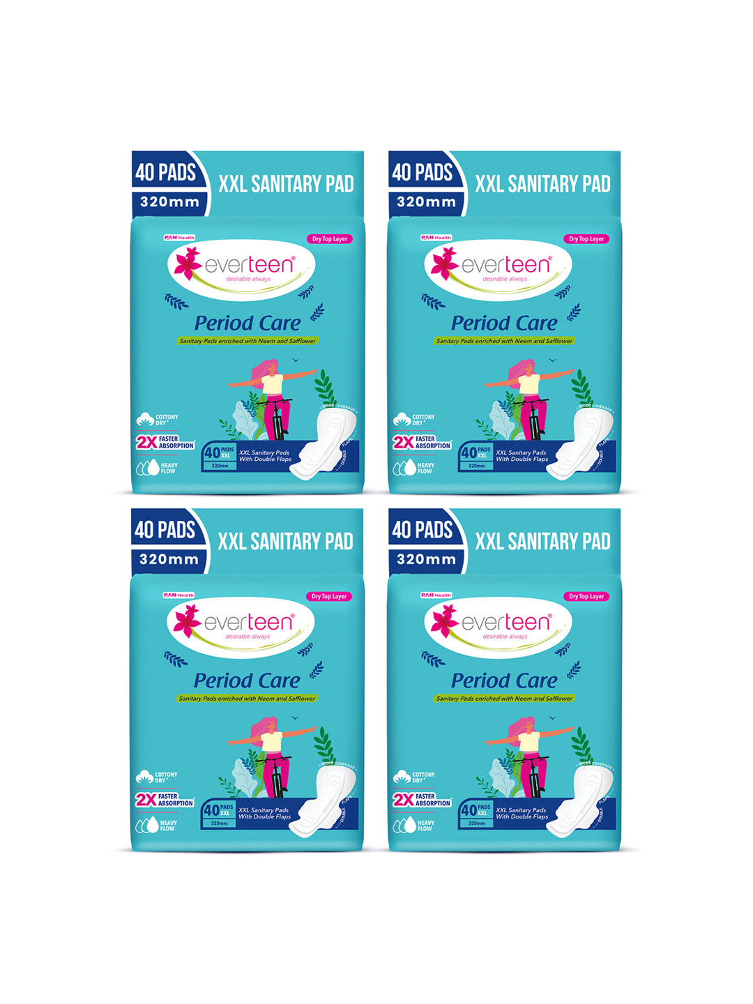 everteen Set of 4 XXL Sanitary Napkin Pads with Neem & Safflower - 40 Pieces Each