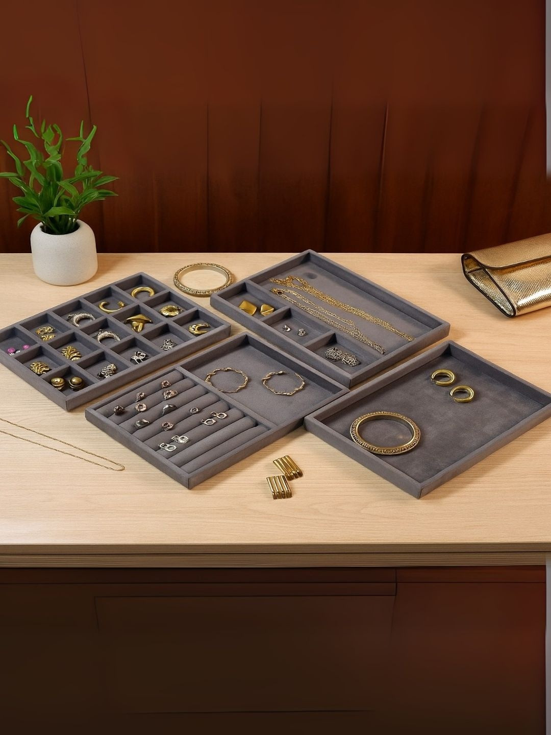 THE BIG TROVE Grey Set of 4 Reusable Jewellery Organiser Organisers