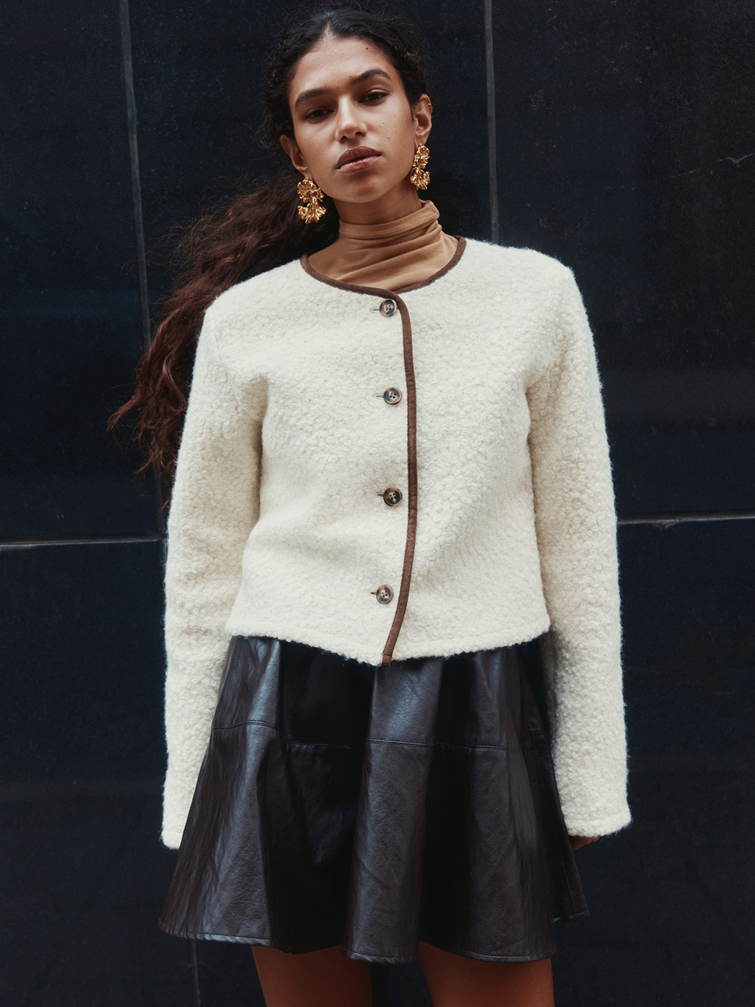 H&M Women Self Design Round Neck Full Sleeves Teddy Cardigan