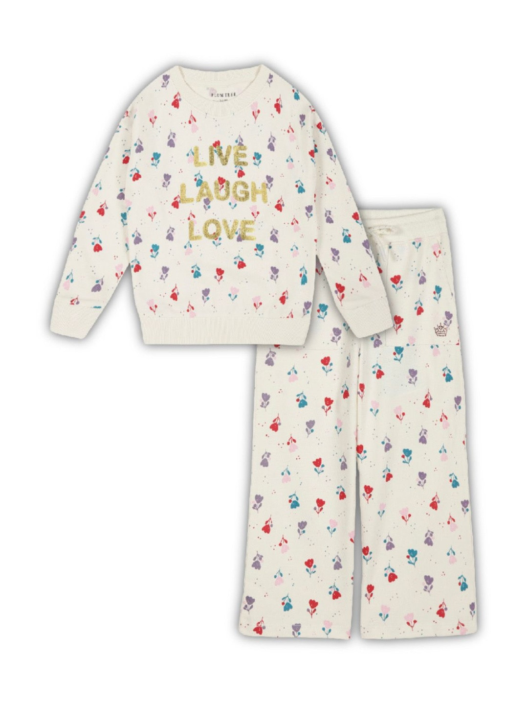 PLUM TREE Girls Printed Pullover Pure Cotton Sweatshirt And Printed Jogger Set - Off White