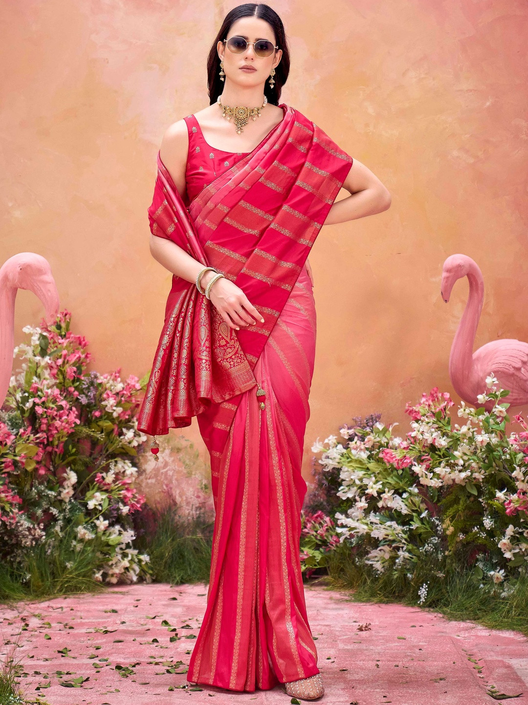 HERE&NOW Striped Woven Design Banarasi Saree with Bouse Piece