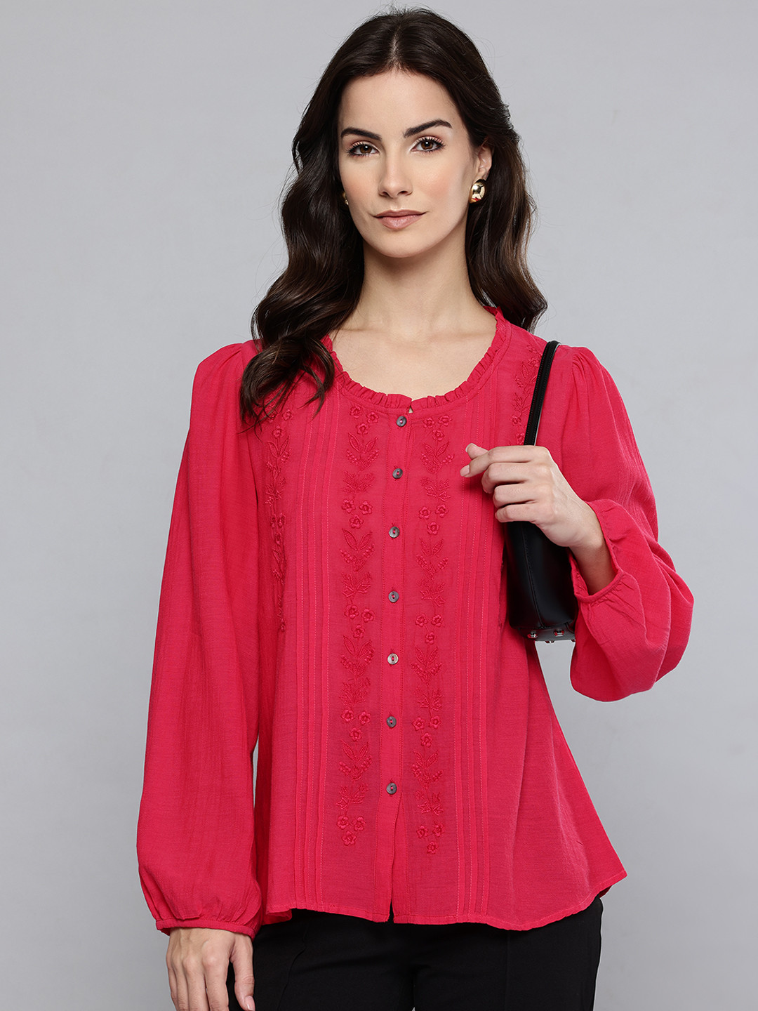SCOUP Embroidered Pin Tucks Shirt Style Top
