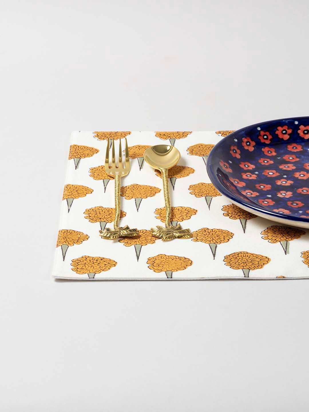 Eyaas Unisex Pack of 2 Marigold Block Printed Cotton Table Placemats