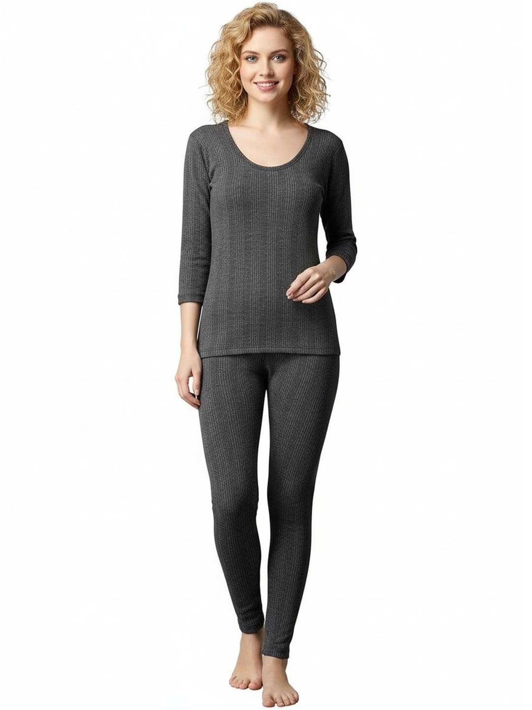 UNDERLOOP Women Striped Round Neck Wool Cotton Thermal Set