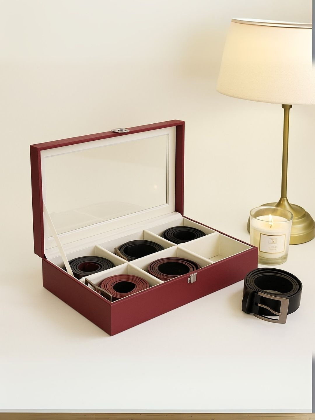 THE BIG TROVE Burgundy Leatherette Tie 6 Slot Reusable Jewellery Organiser