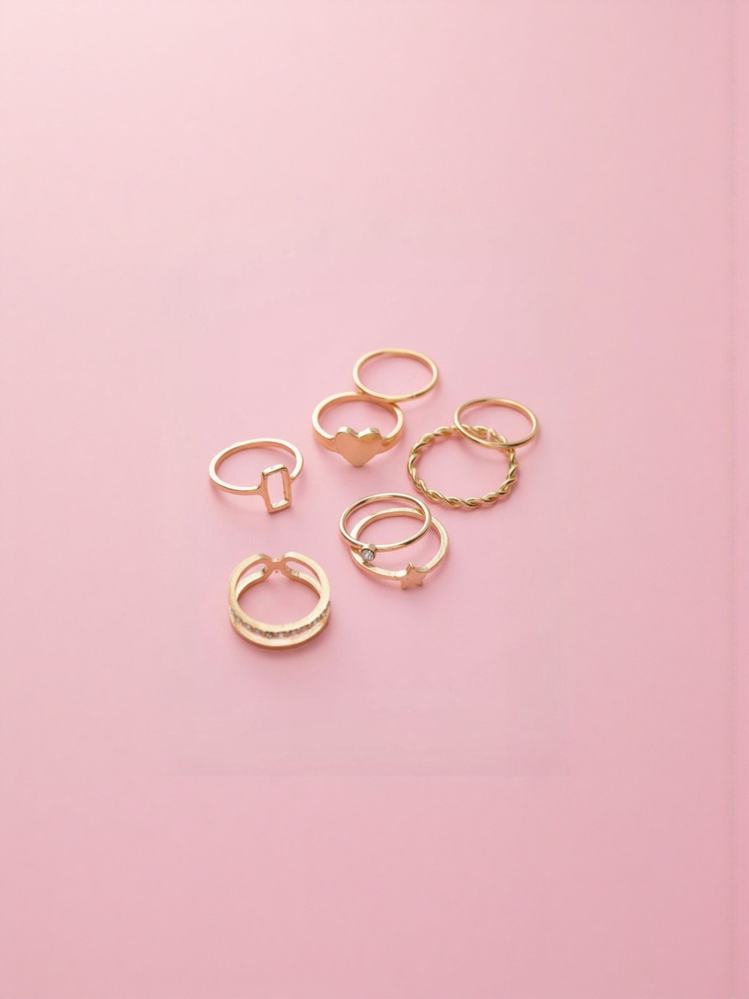 DressBerry Set Of 8 Gold-Plated Stones Studded Star & Heart Shaped Cross Rings