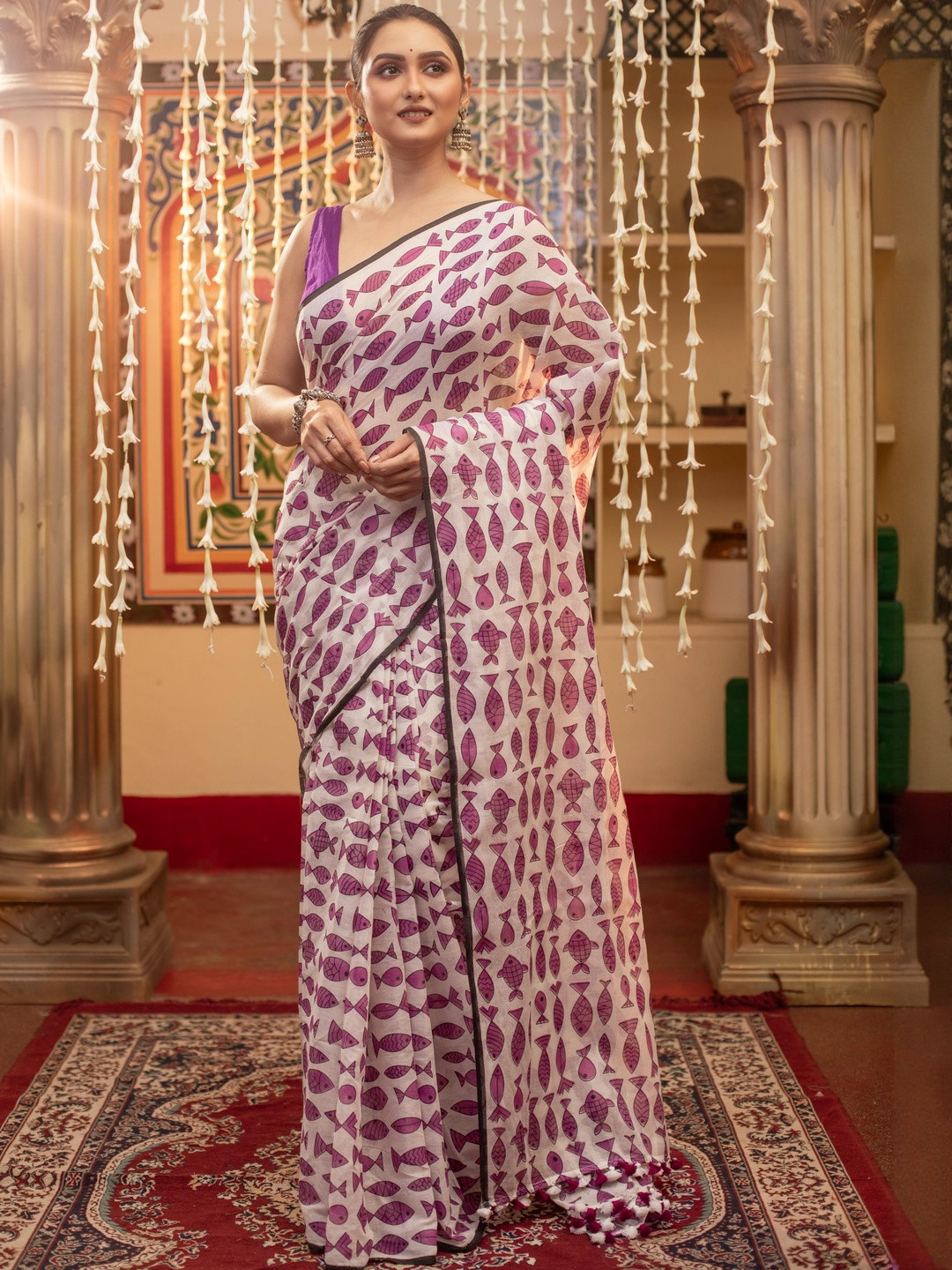 SUTAYAN Fish Print Handloom Cotton Block Print Saree