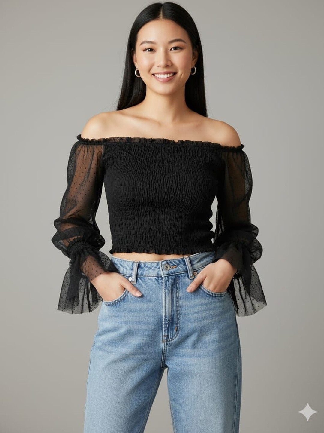 HIGH BUY Women Embellished Off-Shoulder Flared Sleeve Sheer Georgette Crop Top