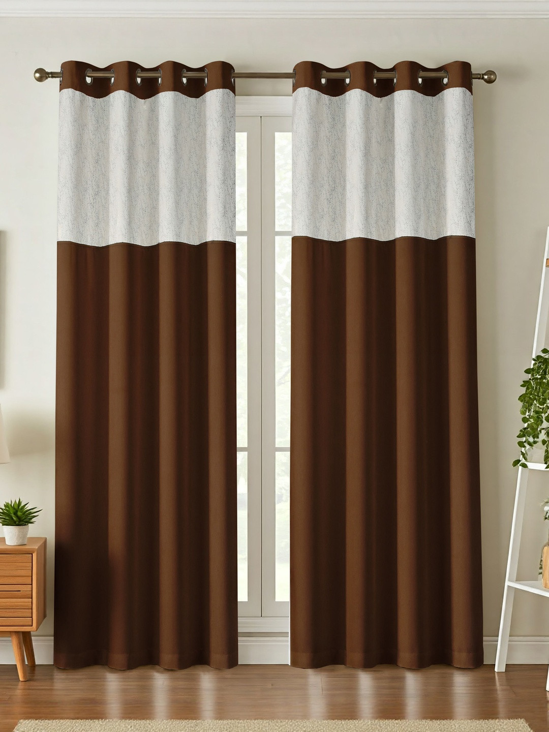 Aura Coffee Brown Silk 2 Pieces Long Door Black Out Eyelet Curtains