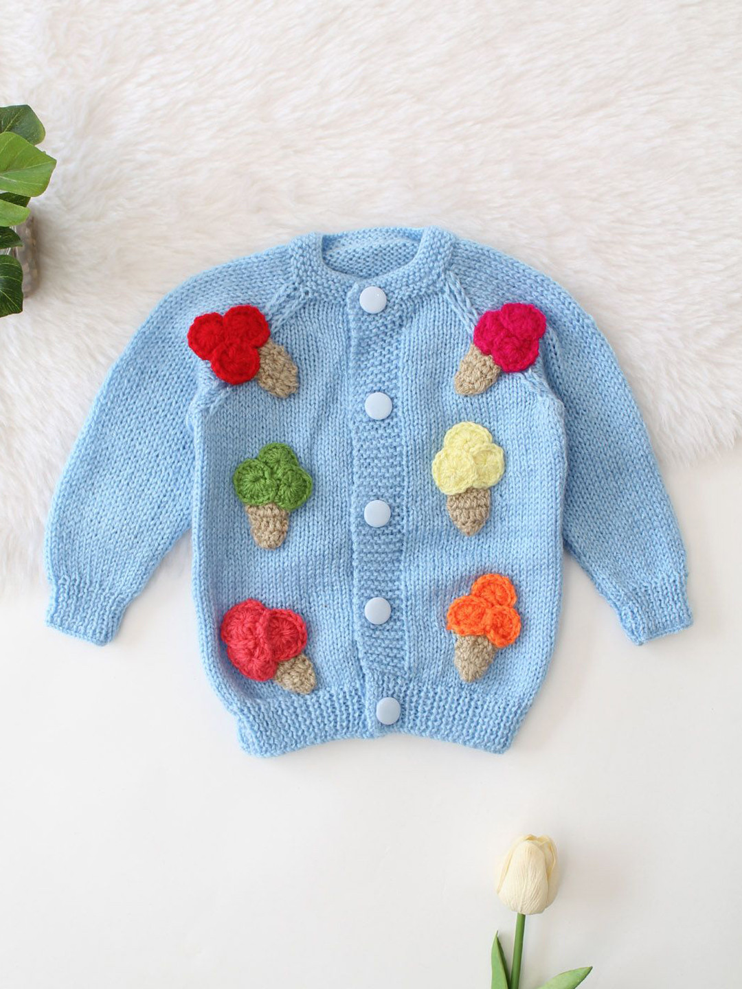 Woonie Kids Ice-Cream Cone Design Applique Detail Acrylic Cardigan Sweater