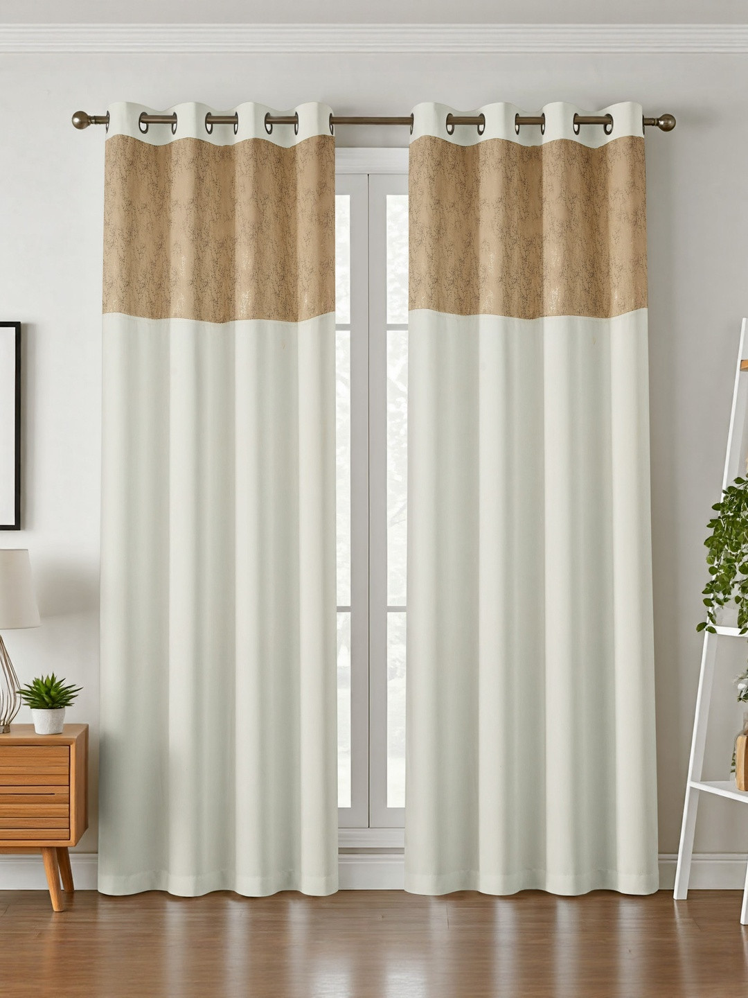 Aura Cream-Coloured Silk 2 Pieces Long Door Black Out Eyelet Curtains