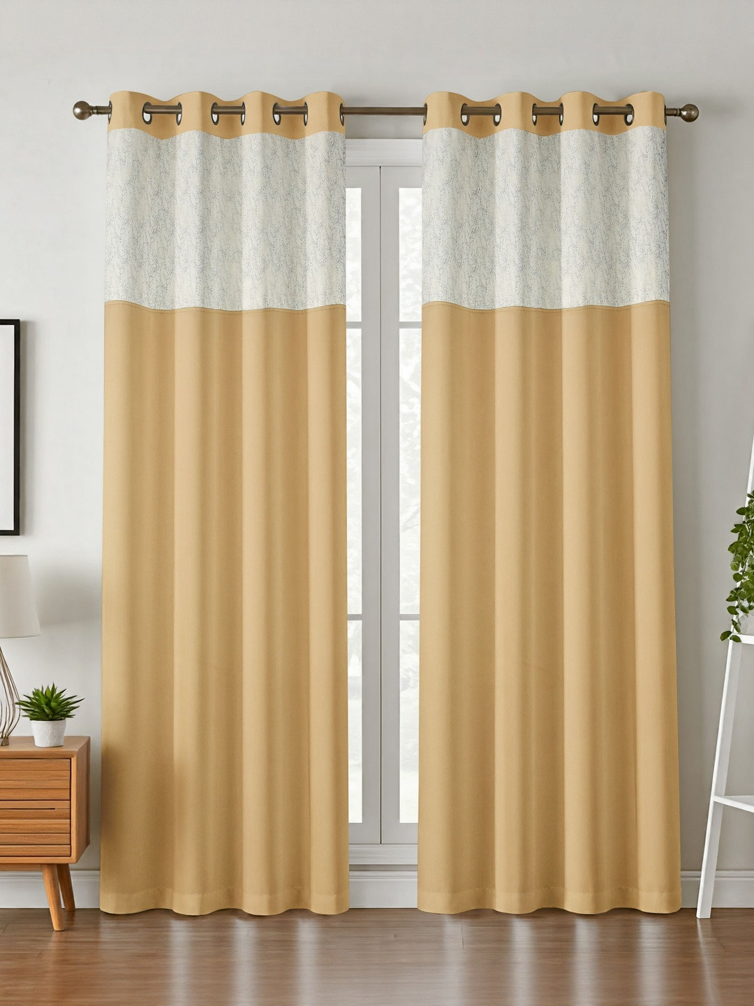 Aura Beige Silk 2 Pieces Long Door Black Out Eyelet Curtains